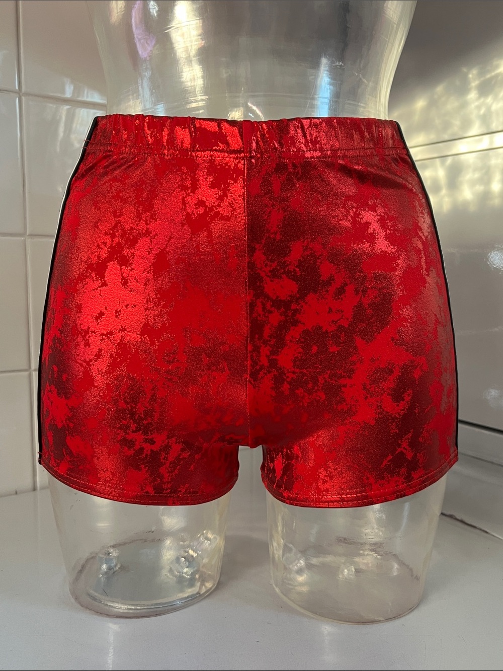 Dance Team Metallic Spandex Hot Shorts S NEW Red/Blk Foil